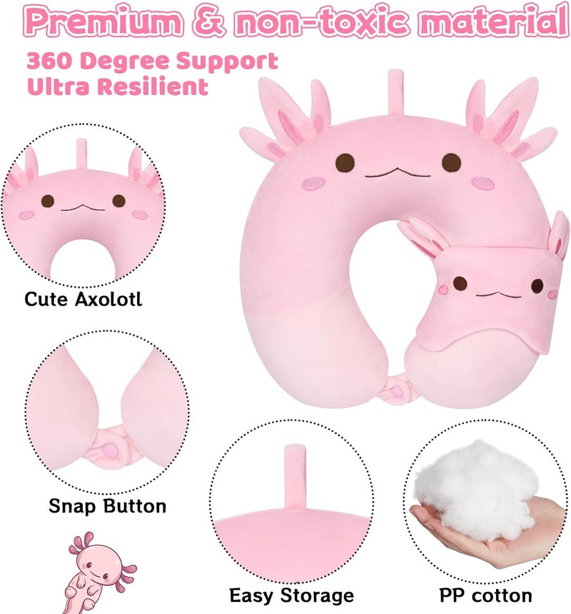 JEROKUMI Kids Travel Pillow, Kid Neck Pillows with Eye Mask Cute Axolotl U Shaped Neck Pillow, Neck Support Travel Pillow for Road Trip, Airplane, Travel Pillow for Kids & Adults - Image 2